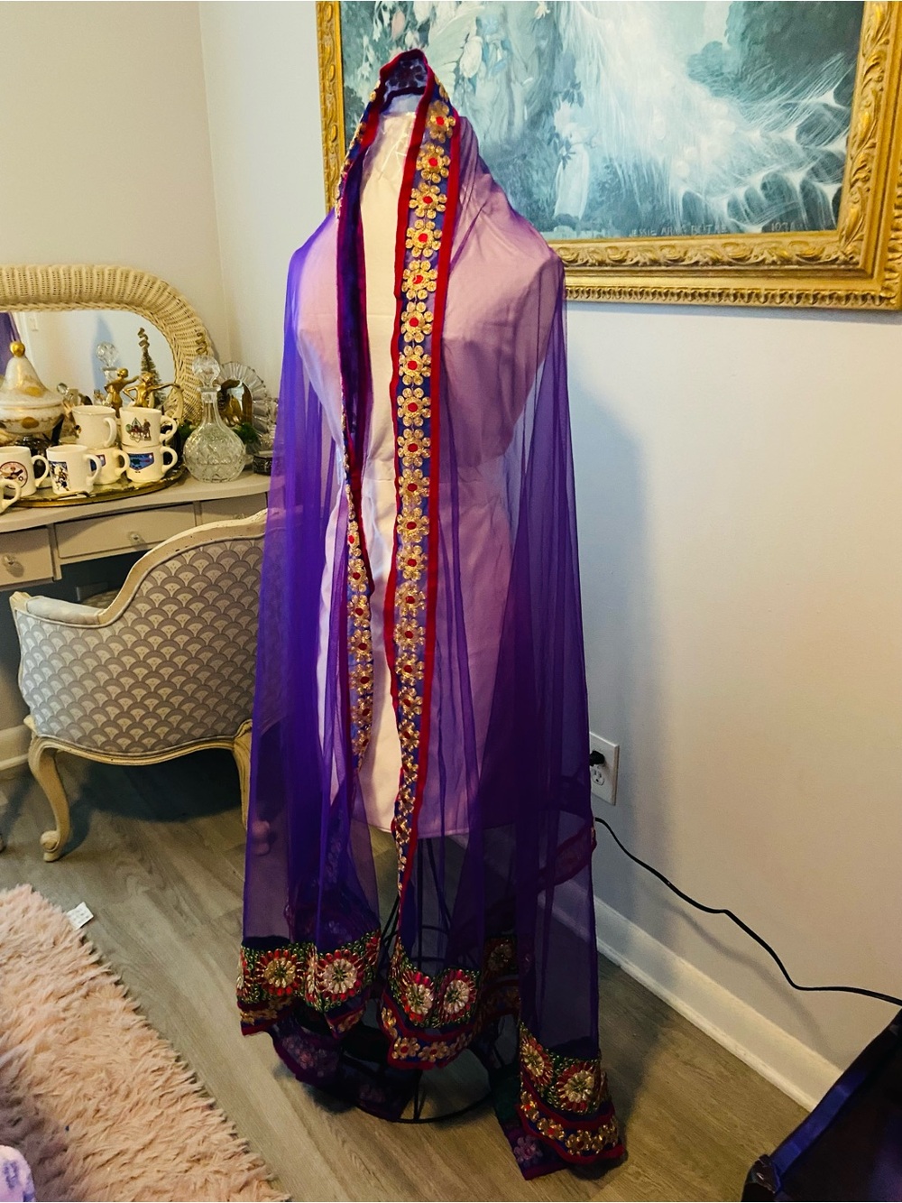 Vintage Purple Net Dupatta with Gold Gota Embroidery and Hot Pink Velvet Border,